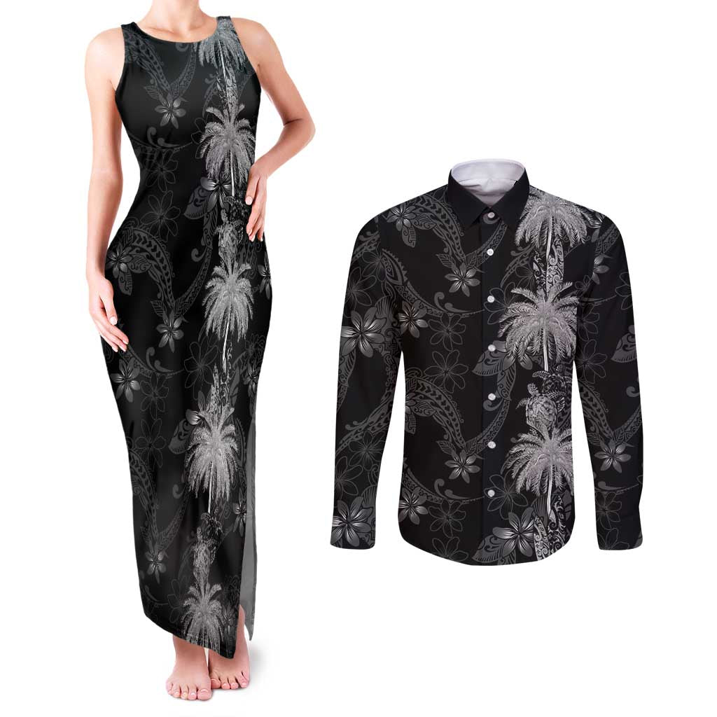 Hawaiian Honu And Surfboards Couples Matching Tank Maxi Dress and Long Sleeve Button Shirt Silver Style - Polynesian Pride