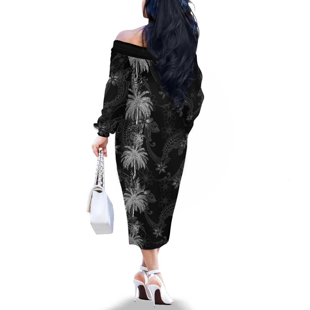 Hawaiian Honu And Surfboards Family Matching Off The Shoulder Long Sleeve Dress and Hawaiian Shirt Silver Style LT05 - Polynesian Pride