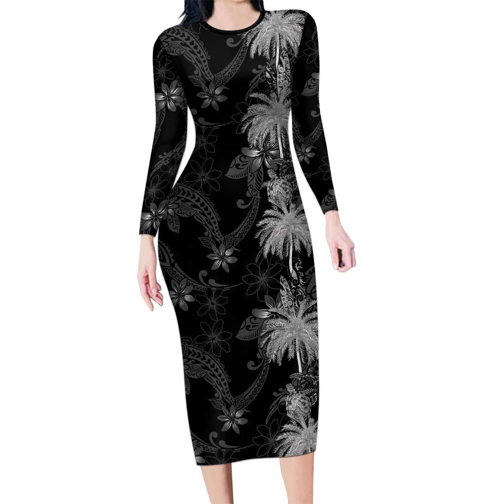 Hawaiian Honu And Surfboards Long Sleeve Bodycon Dress Silver Style - Polynesian Pride