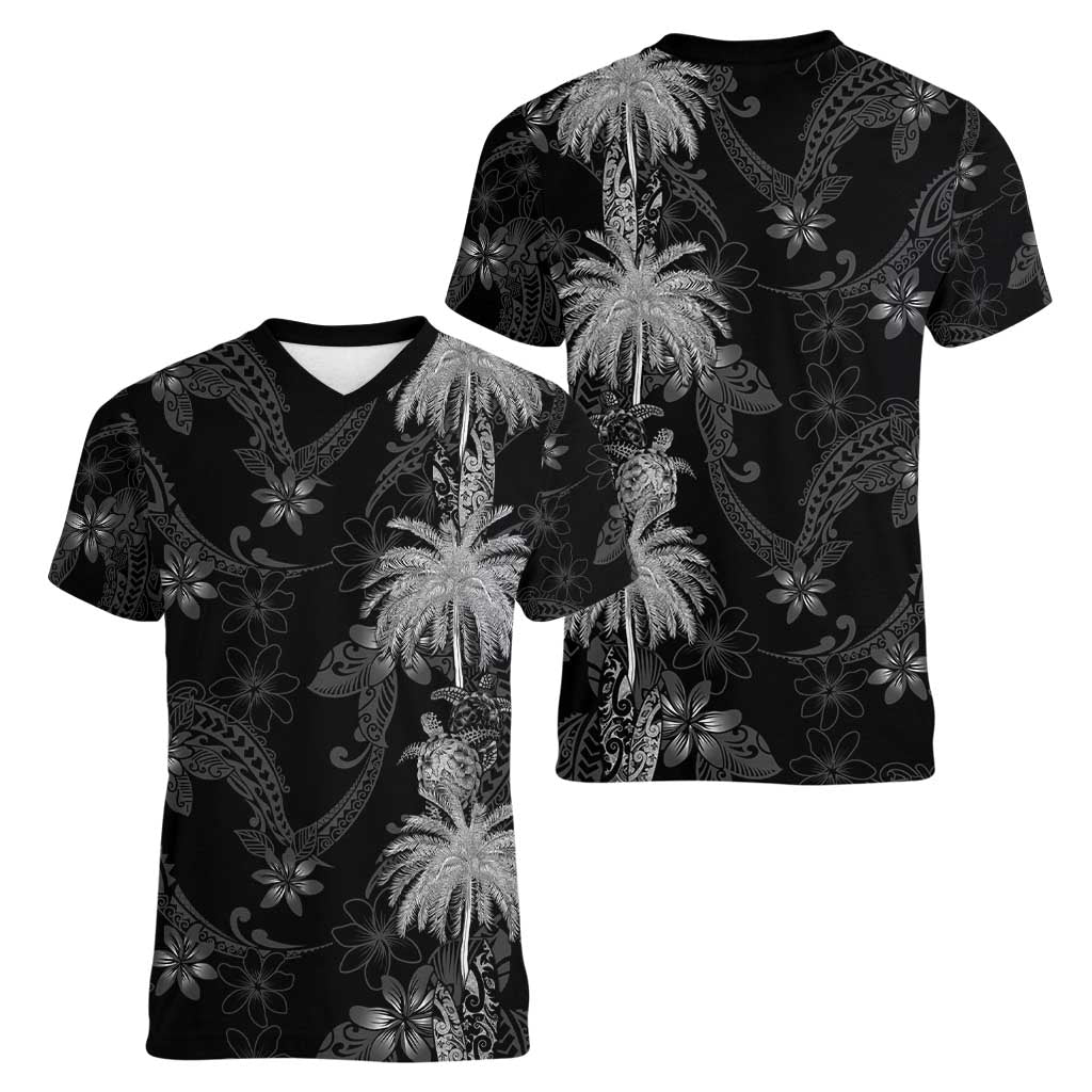 Hawaiian Honu And Surfboards Women V-Neck T-Shirt Silver Style - Polynesian Pride