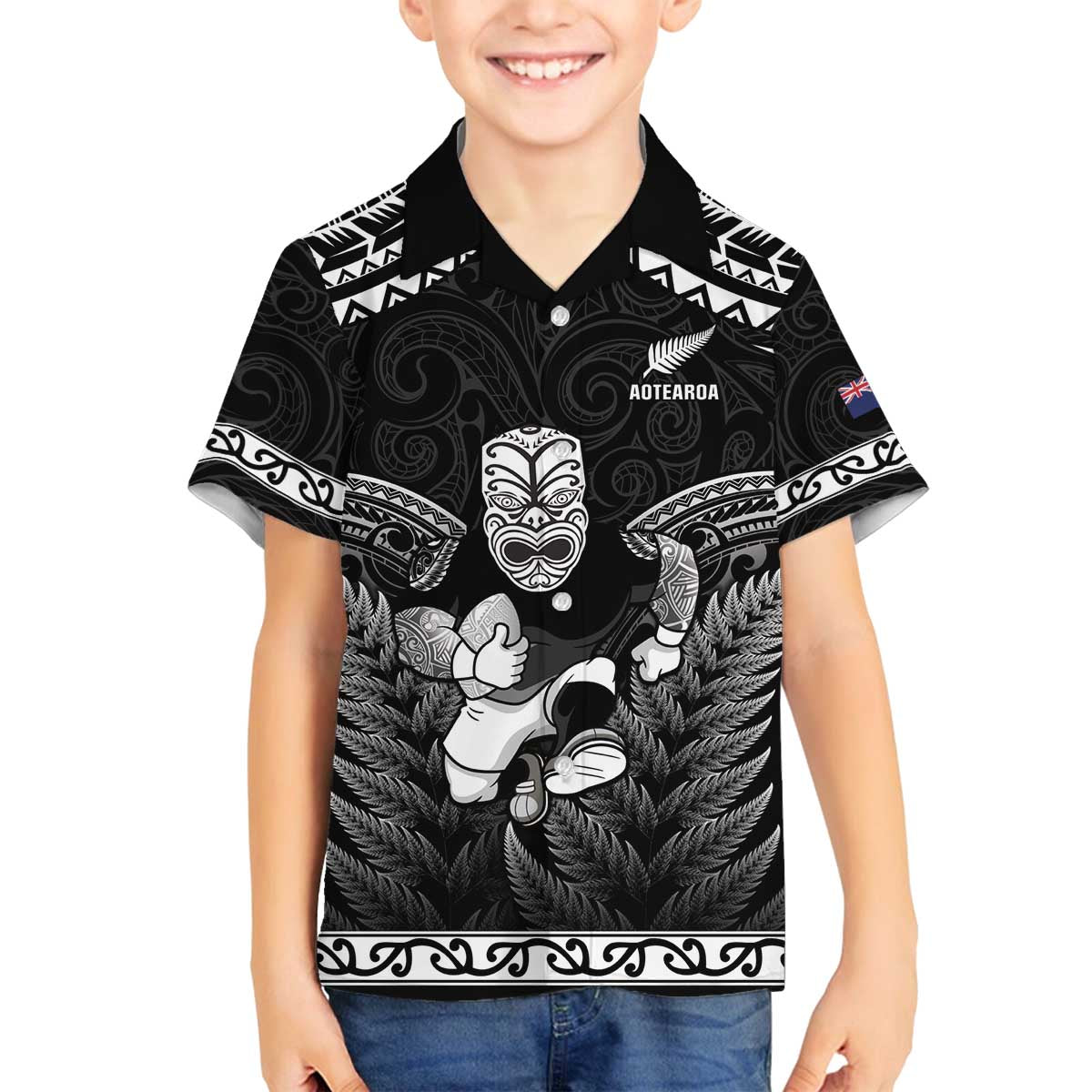 Custom New Zealand Maori Tiki Rugby Family Matching Off The Shoulder Long Sleeve Dress and Hawaiian Shirt Go Aotearoa Maori Pattern