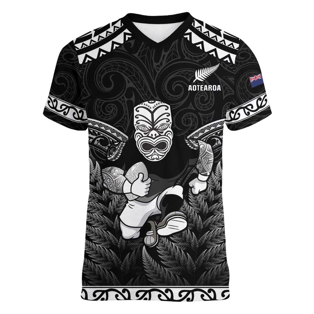 Custom New Zealand Maori Tiki Rugby Women V-Neck T-Shirt Go Aotearoa Maori Pattern