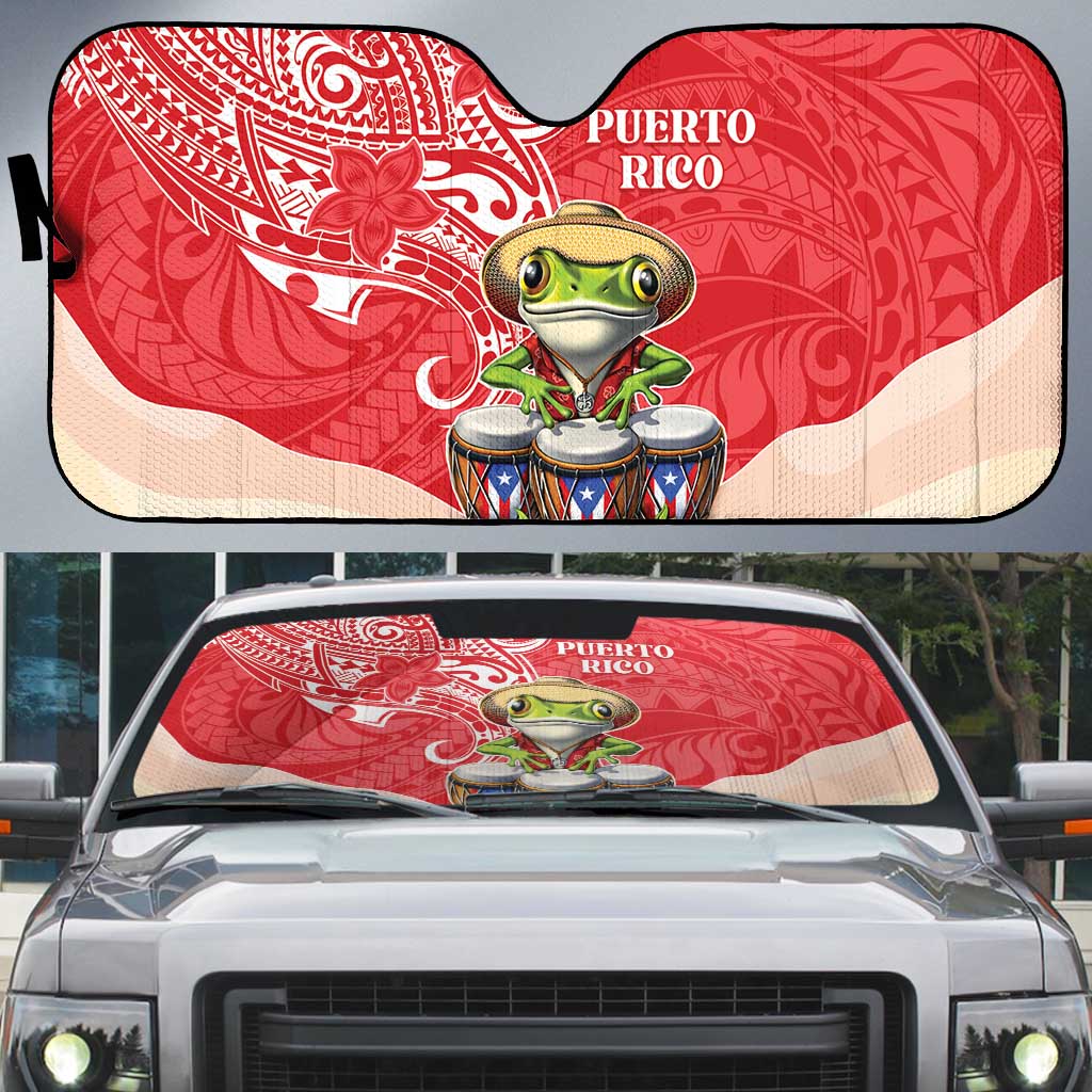 Puerto Rico Auto Sun Shade Coqui Frog With Polynesian Pattern - Polynesian Pride