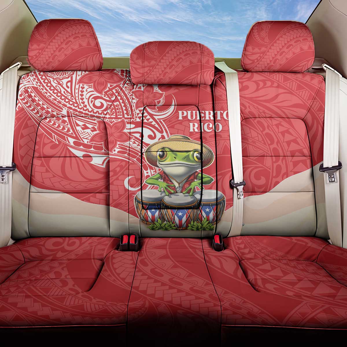 Puerto Rico Back Car Seat Cover Coqui Frog With Polynesian Pattern - Polynesian Pride