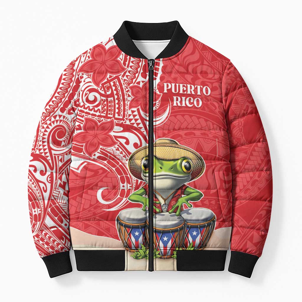Personalized Puerto Rico Bomber Puffer Jacket Coqui Frog With Polynesian Pattern - Polynesian Pride