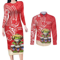 Personalized Puerto Rico Couples Matching Long Sleeve Bodycon Dress and Long Sleeve Button Shirt Coqui Frog With Polynesian Pattern - Polynesian Pride
