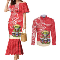Personalized Puerto Rico Couples Matching Mermaid Dress and Long Sleeve Button Shirt Coqui Frog With Polynesian Pattern - Polynesian Pride