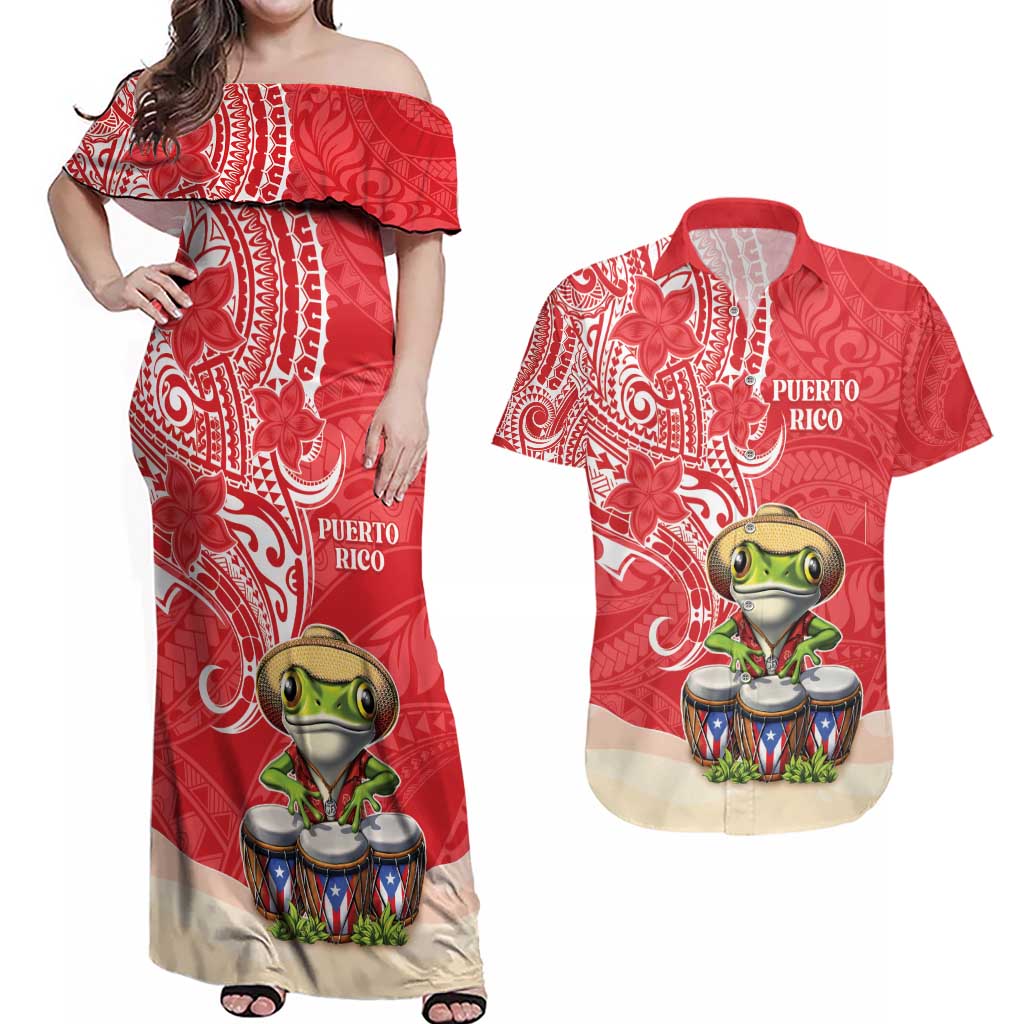 Personalized Puerto Rico Couples Matching Off Shoulder Maxi Dress and Hawaiian Shirt Coqui Frog With Polynesian Pattern - Polynesian Pride
