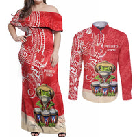 Personalized Puerto Rico Couples Matching Off Shoulder Maxi Dress and Long Sleeve Button Shirt Coqui Frog With Polynesian Pattern - Polynesian Pride