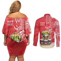 Personalized Puerto Rico Couples Matching Off Shoulder Short Dress and Long Sleeve Button Shirt Coqui Frog With Polynesian Pattern - Polynesian Pride