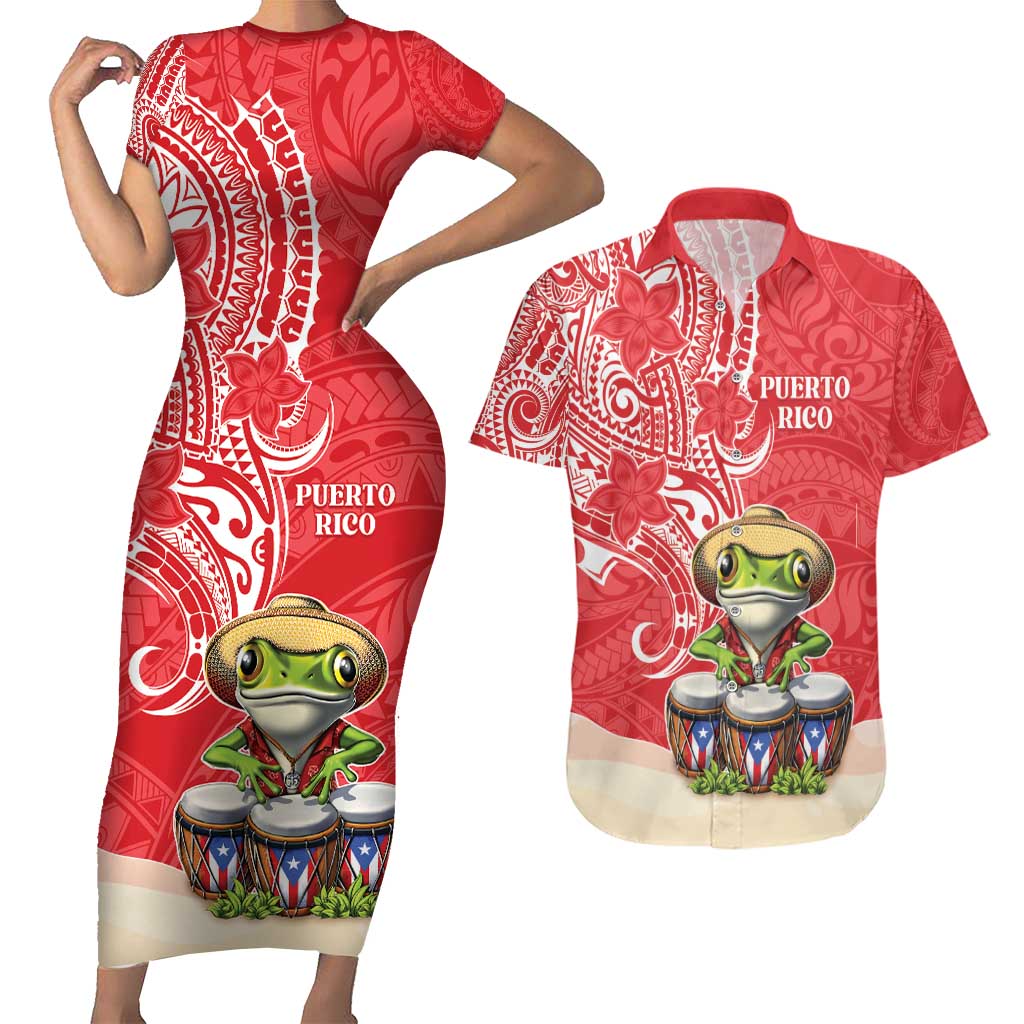 Personalized Puerto Rico Couples Matching Short Sleeve Bodycon Dress and Hawaiian Shirt Coqui Frog With Polynesian Pattern - Polynesian Pride
