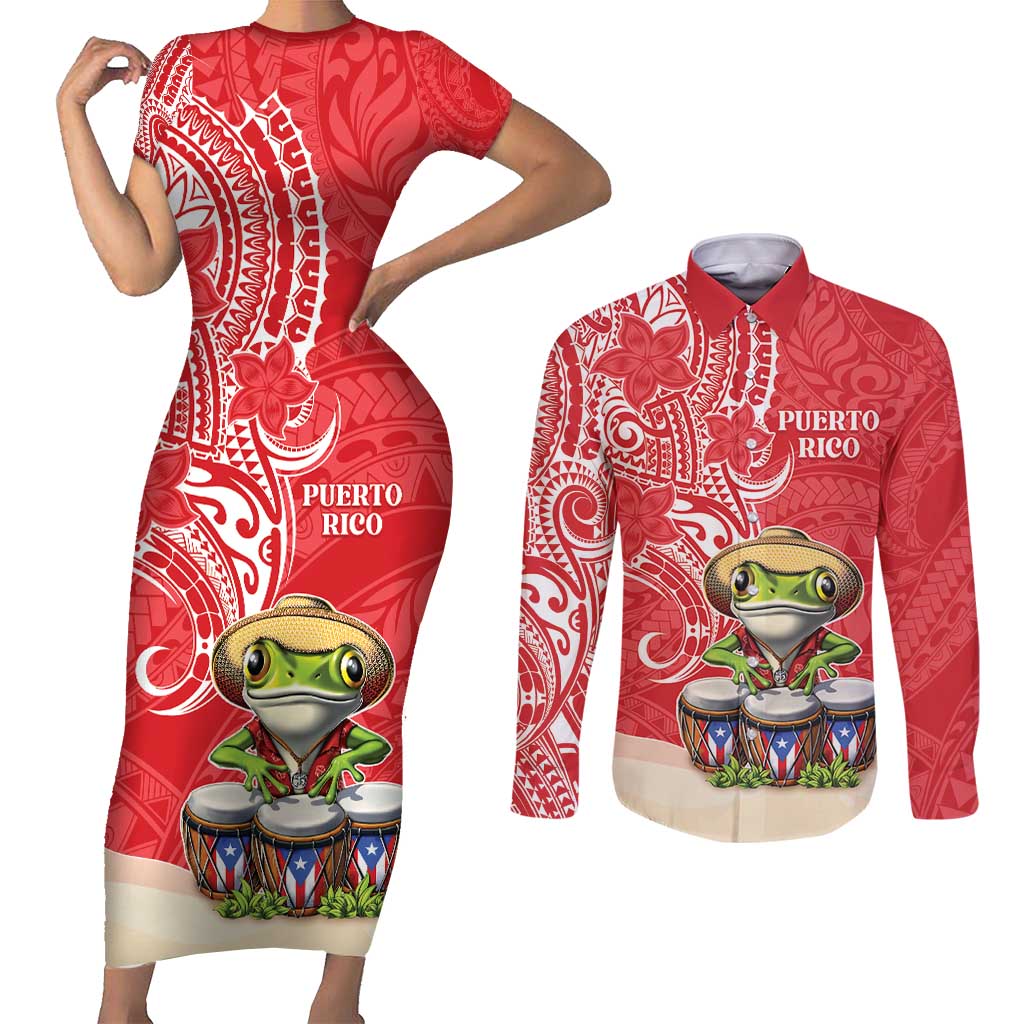 Personalized Puerto Rico Couples Matching Short Sleeve Bodycon Dress and Long Sleeve Button Shirt Coqui Frog With Polynesian Pattern - Polynesian Pride