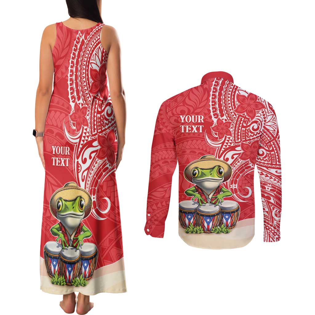 Personalized Puerto Rico Couples Matching Tank Maxi Dress and Long Sleeve Button Shirt Coqui Frog With Polynesian Pattern - Polynesian Pride