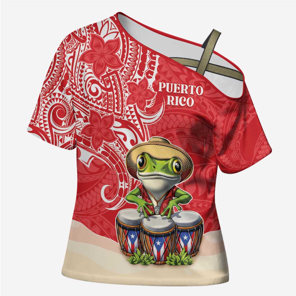Personalized Puerto Rico Cross Shoulder Shirt Coqui Frog With Polynesian Pattern - Polynesian Pride