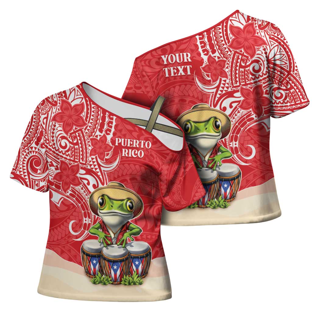 Personalized Puerto Rico Cross Shoulder Shirt Coqui Frog With Polynesian Pattern - Polynesian Pride