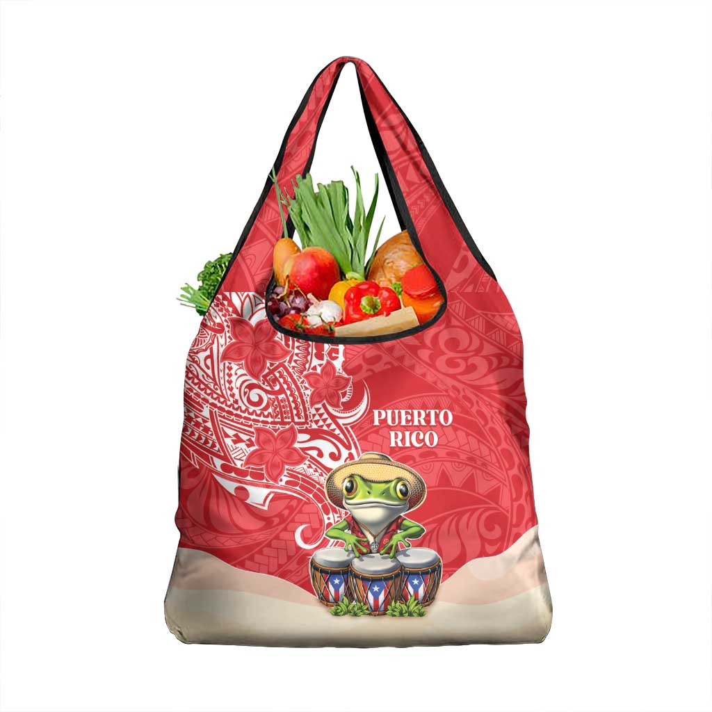 Puerto Rico Grocery Bag Coqui Frog With Polynesian Pattern - Polynesian Pride
