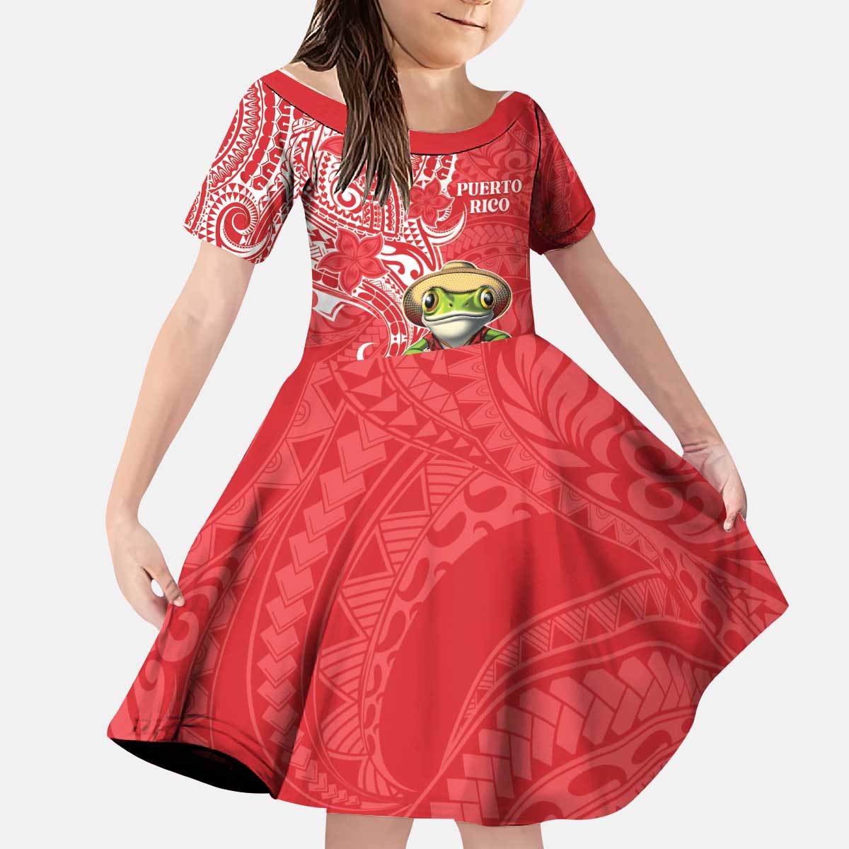 Personalized Puerto Rico Kid Short Sleeve Dress Coqui Frog With Polynesian Pattern - Polynesian Pride