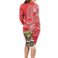 Personalized Puerto Rico Long Sleeve Bodycon Dress Coqui Frog With Polynesian Pattern - Polynesian Pride