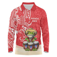 Personalized Puerto Rico Long Sleeve Polo Shirt Coqui Frog With Polynesian Pattern - Polynesian Pride