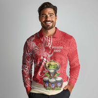 Personalized Puerto Rico Long Sleeve Polo Shirt Coqui Frog With Polynesian Pattern - Polynesian Pride