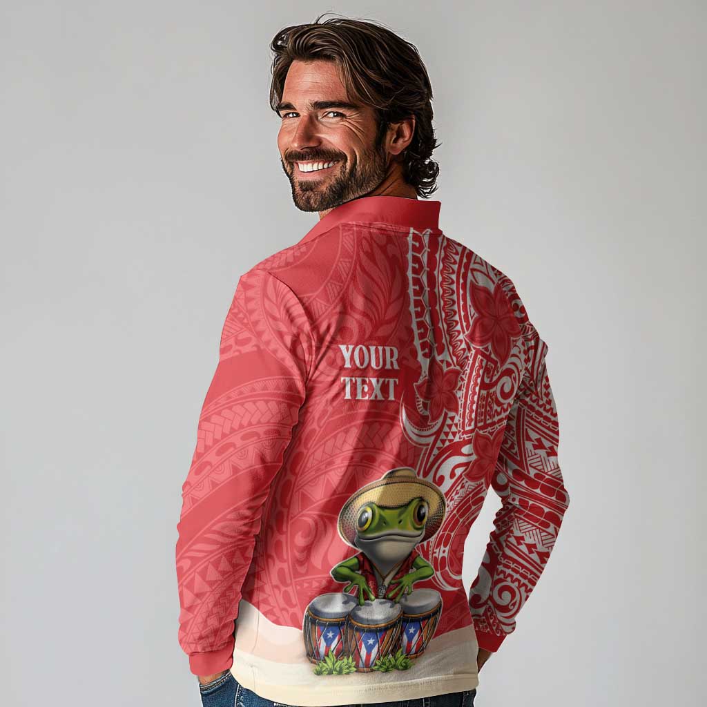 Personalized Puerto Rico Long Sleeve Polo Shirt Coqui Frog With Polynesian Pattern - Polynesian Pride
