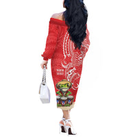 Personalized Puerto Rico Off The Shoulder Long Sleeve Dress Coqui Frog With Polynesian Pattern - Polynesian Pride