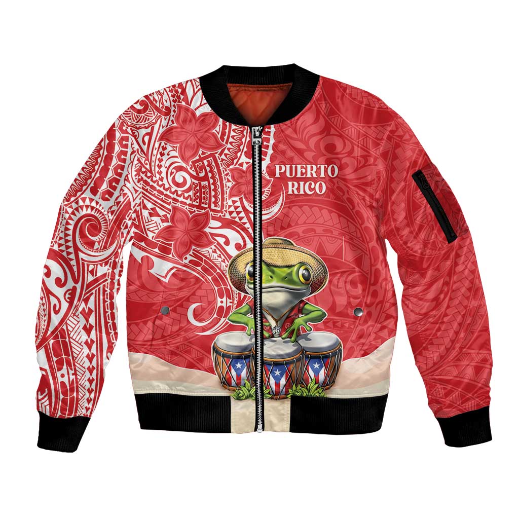 Personalized Puerto Rico Sleeve Zip Bomber Jacket Coqui Frog With Polynesian Pattern - Polynesian Pride
