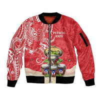 Personalized Puerto Rico Sleeve Zip Bomber Jacket Coqui Frog With Polynesian Pattern - Polynesian Pride