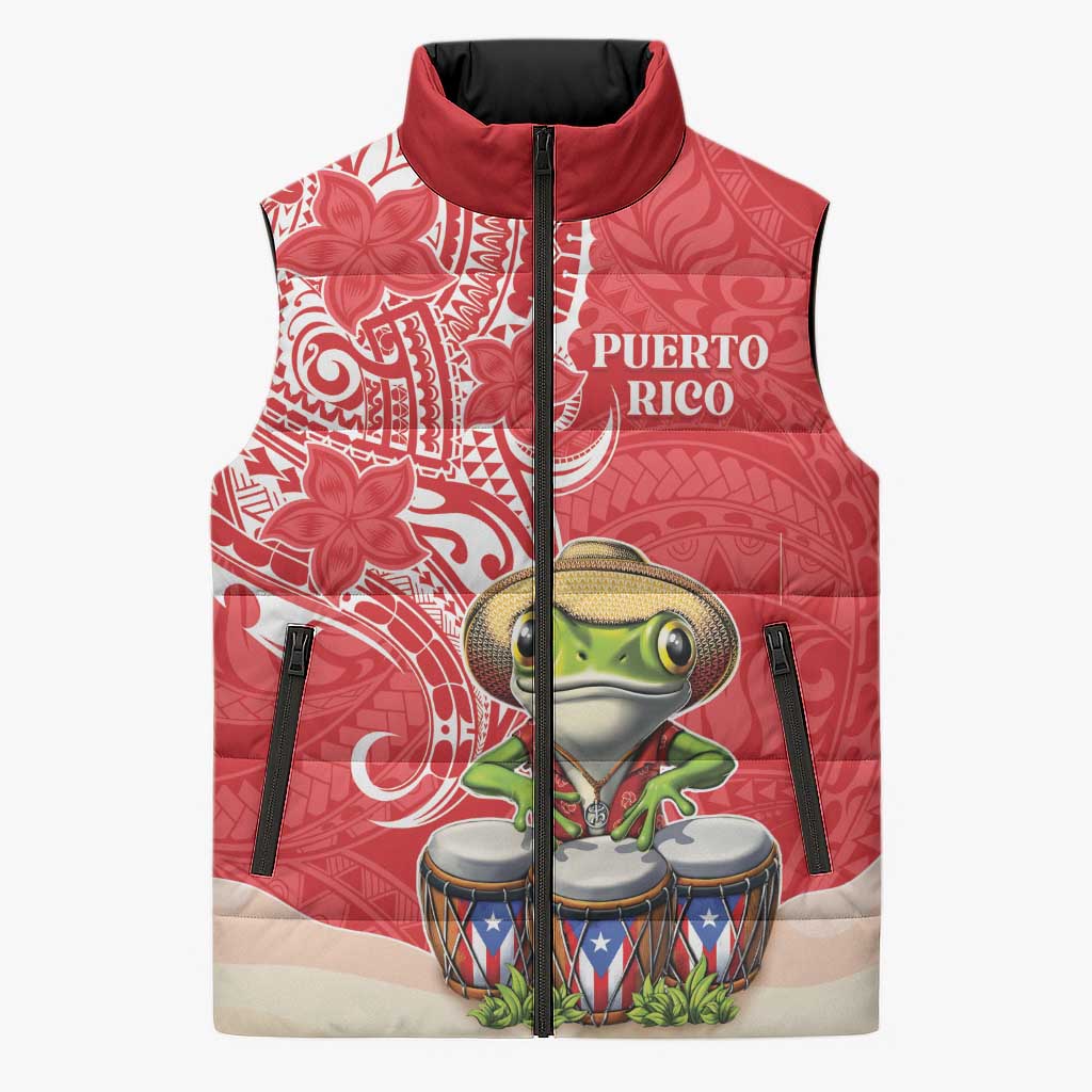 Personalized Puerto Rico Sleeveless Puffer Jacket Coqui Frog With Polynesian Pattern - Polynesian Pride