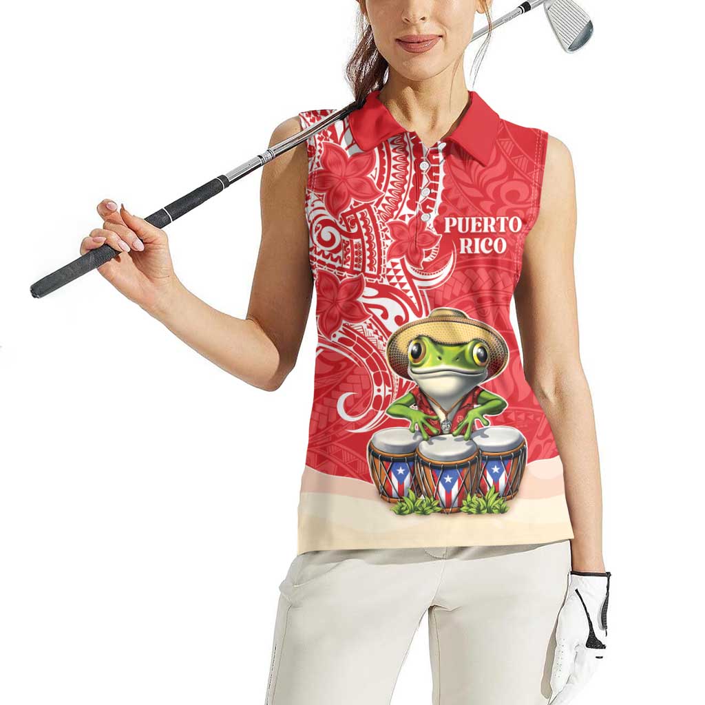 Personalized Puerto Rico Women Sleeveless Polo Shirt Coqui Frog With Polynesian Pattern - Polynesian Pride