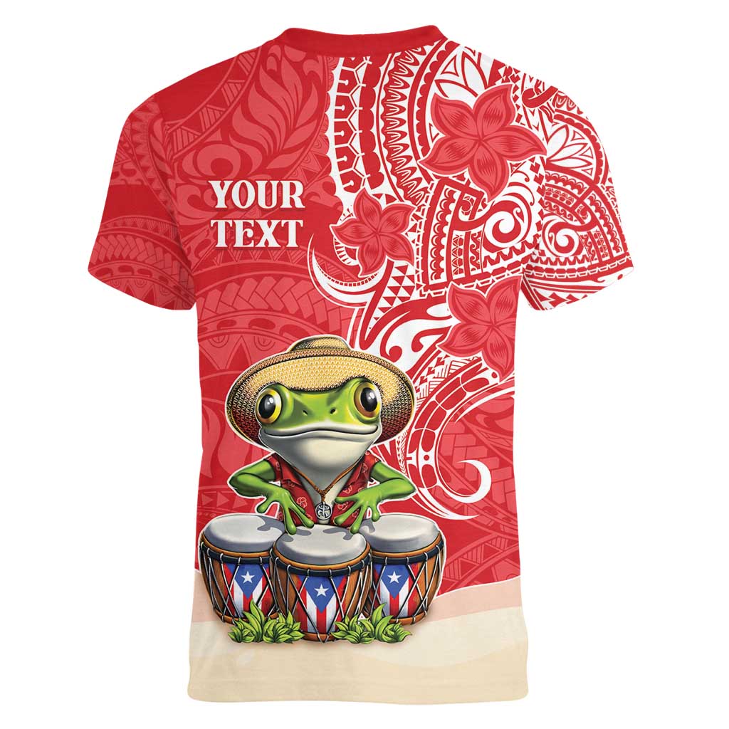 Personalized Puerto Rico Women V-Neck T-Shirt Coqui Frog With Polynesian Pattern - Polynesian Pride
