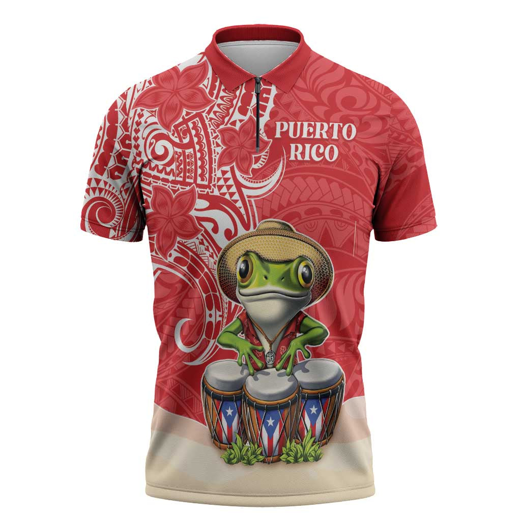 Personalized Puerto Rico Zipper Polo Shirt Coqui Frog With Polynesian Pattern - Polynesian Pride