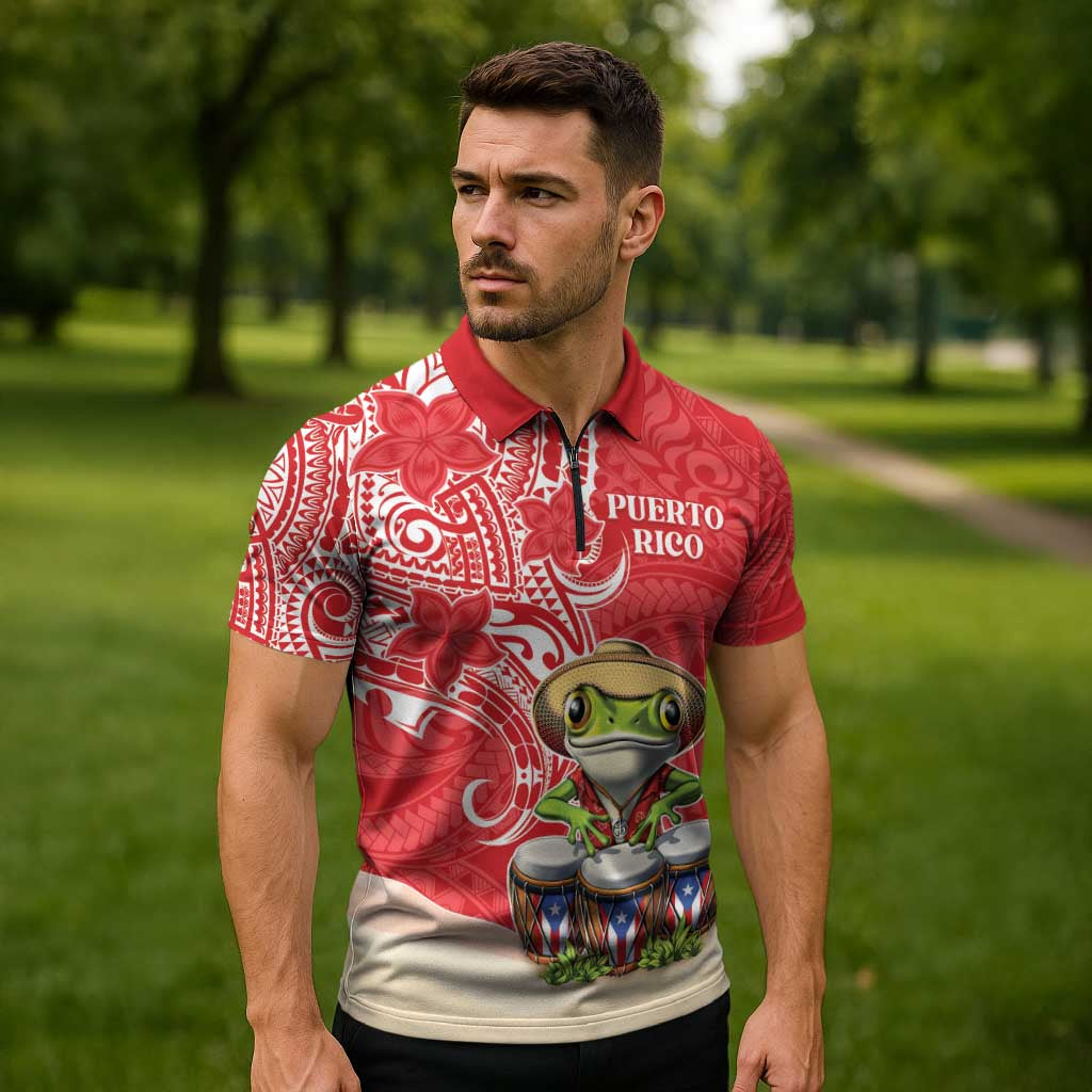 Personalized Puerto Rico Zipper Polo Shirt Coqui Frog With Polynesian Pattern - Polynesian Pride
