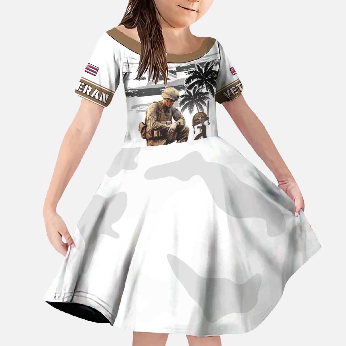 Hawaii Veterans Day Family Matching Off The Shoulder Long Sleeve Dress and Hawaiian Shirt Honor The Fallen Flag Grunge Style