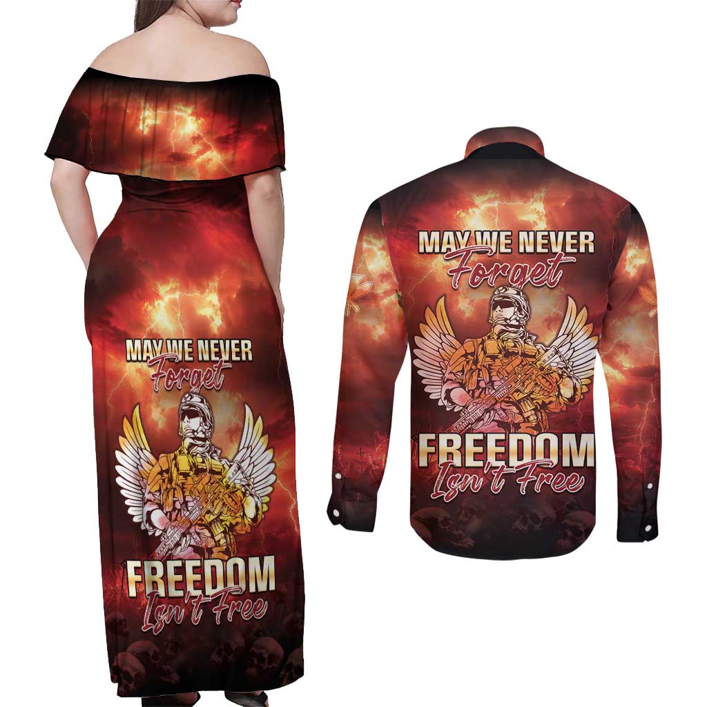 Hawaii Veterans Day Couples Matching Off Shoulder Maxi Dress and Long Sleeve Button Shirt May We Never Forget Freedom Isn't Free
