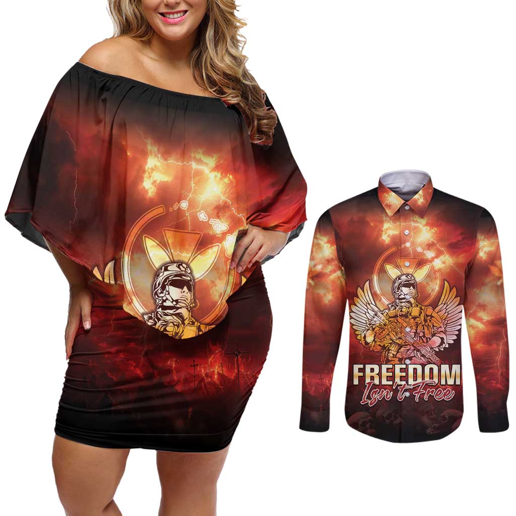 Hawaii Veterans Day Couples Matching Off Shoulder Short Dress and Long Sleeve Button Shirt May We Never Forget Freedom Isn't Free