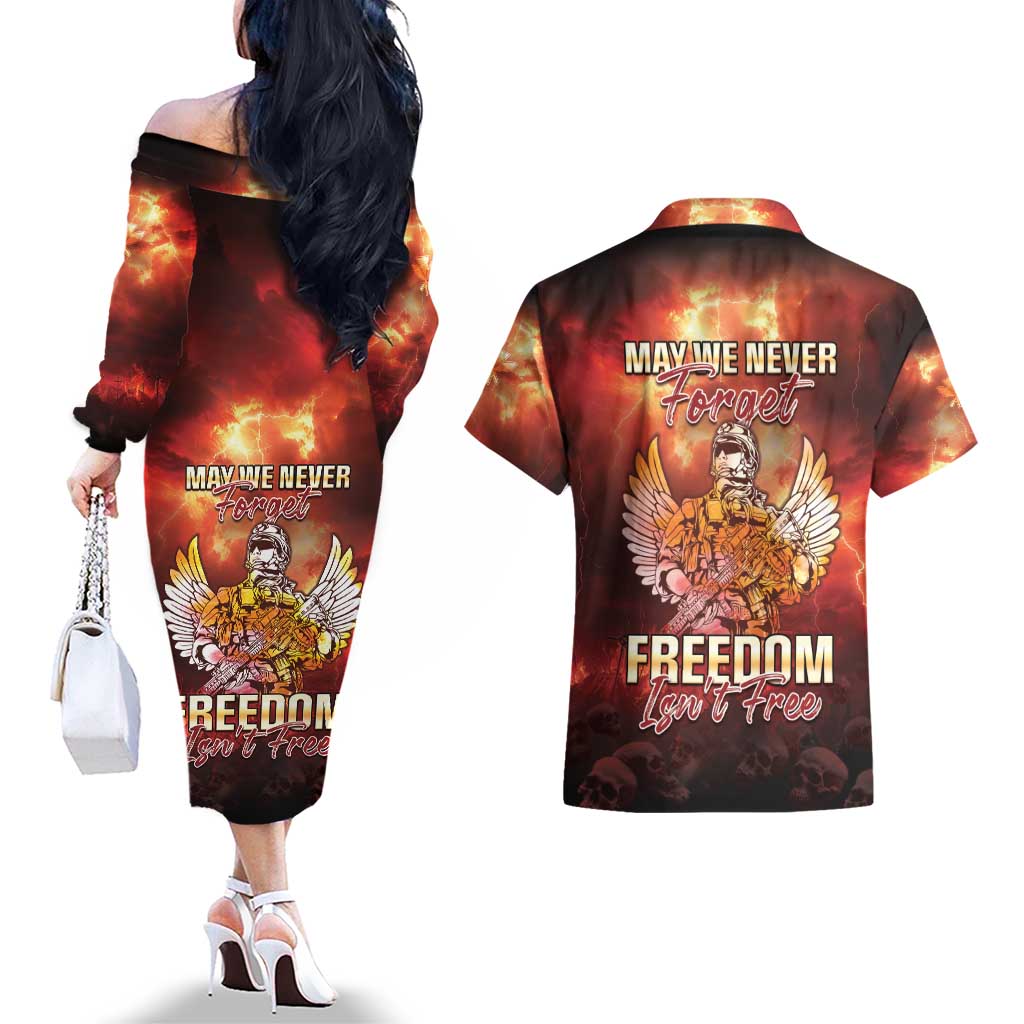 Hawaii Veterans Day Couples Matching Off The Shoulder Long Sleeve Dress and Hawaiian Shirt May We Never Forget Freedom Isn't Free