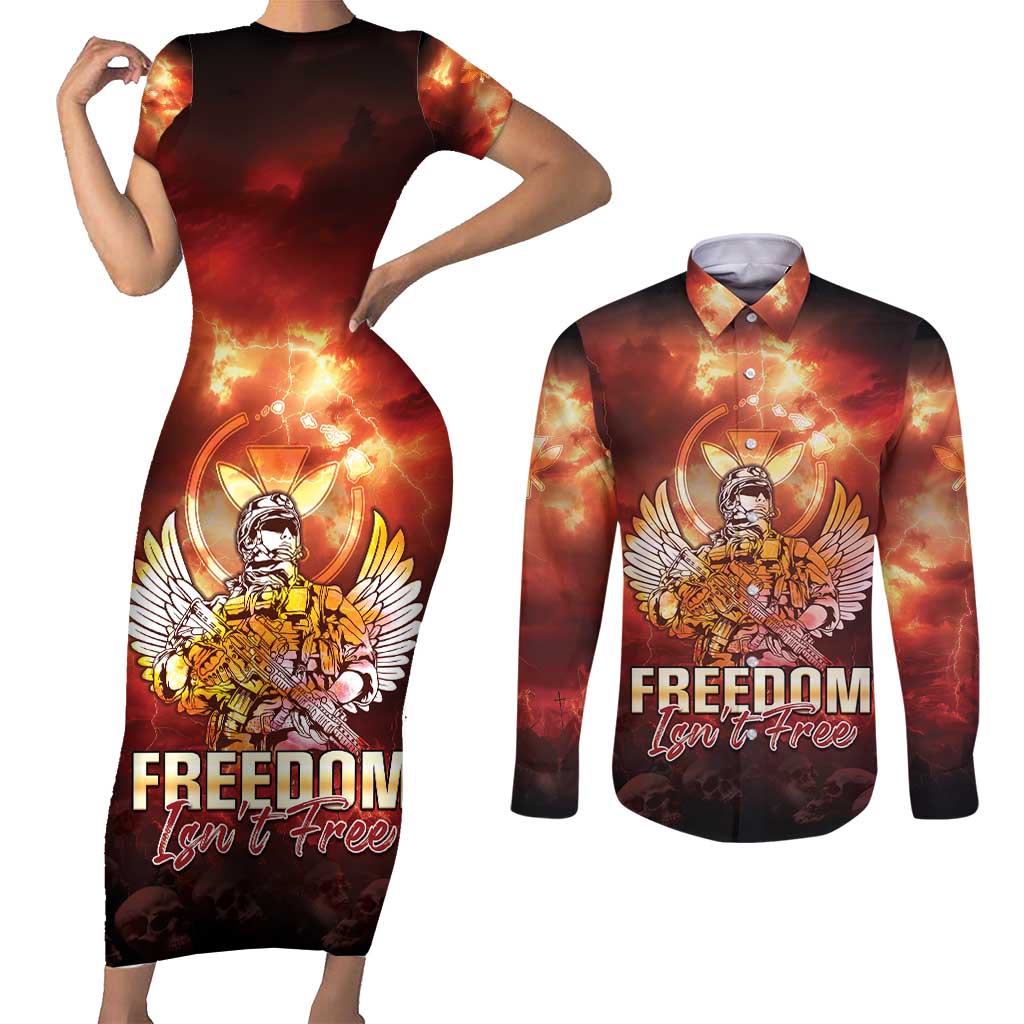 Hawaii Veterans Day Couples Matching Short Sleeve Bodycon Dress and Long Sleeve Button Shirt May We Never Forget Freedom Isn't Free