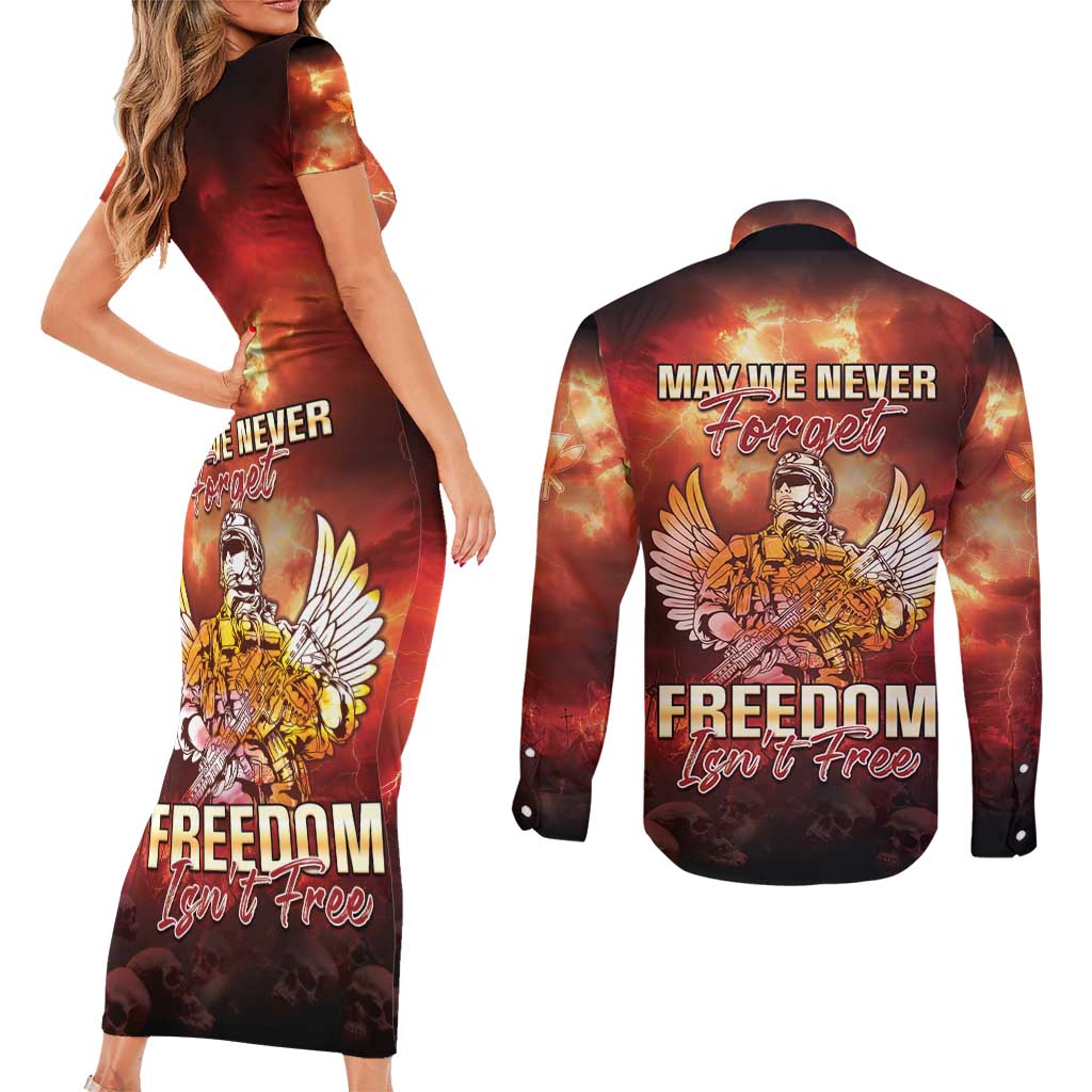 Hawaii Veterans Day Couples Matching Short Sleeve Bodycon Dress and Long Sleeve Button Shirt May We Never Forget Freedom Isn't Free