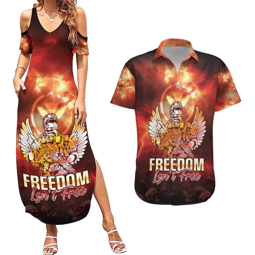 Hawaii Veterans Day Couples Matching Summer Maxi Dress and Hawaiian Shirt May We Never Forget Freedom Isn't Free