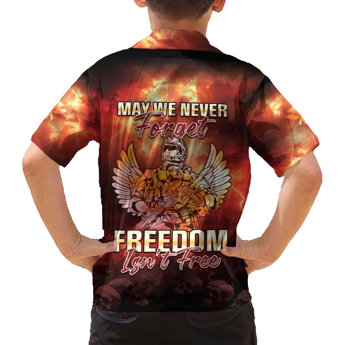 Hawaii Veterans Day Family Matching Off Shoulder Short Dress and Hawaiian Shirt May We Never Forget Freedom Isn't Free