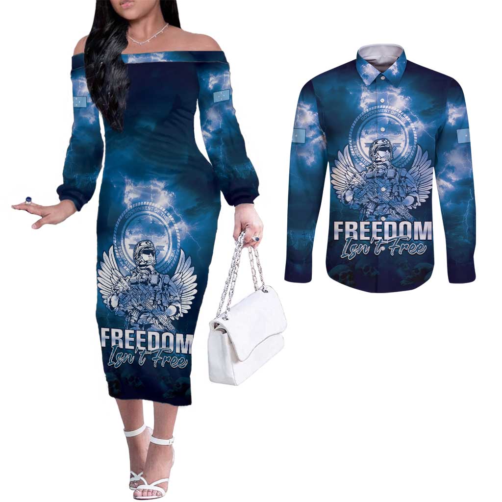 Federated States of Micronesia Veterans Day Couples Matching Off The Shoulder Long Sleeve Dress and Long Sleeve Button Shirt May We Never Forget Freedom Isn't Free