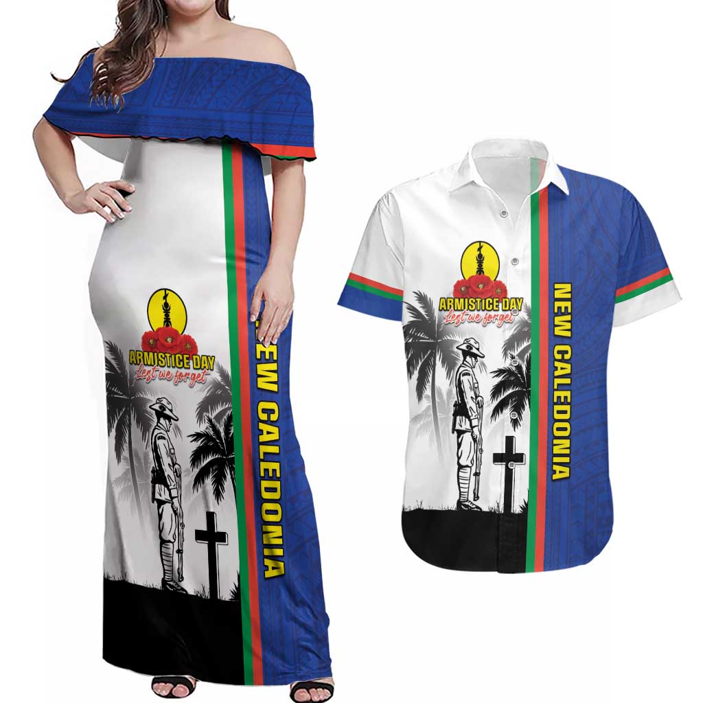 New Caledonia Armistice Day Couples Matching Off Shoulder Maxi Dress and Hawaiian Shirt Lest We Forget Flag Style