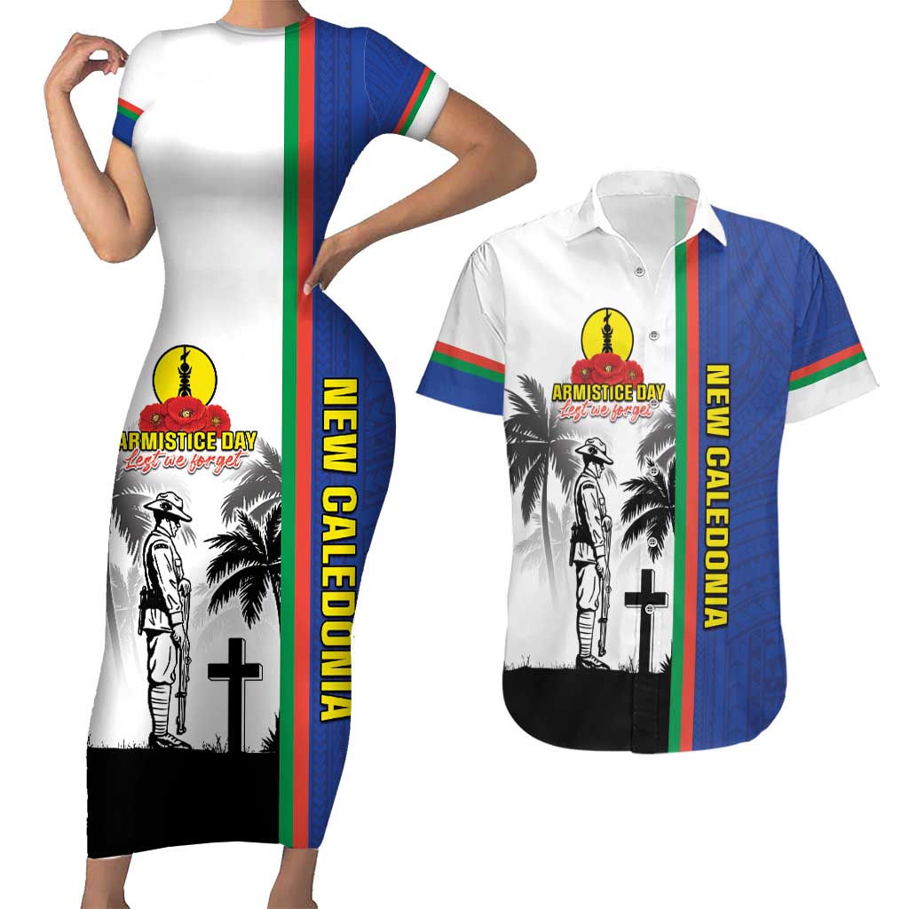 New Caledonia Armistice Day Couples Matching Short Sleeve Bodycon Dress and Hawaiian Shirt Lest We Forget Flag Style