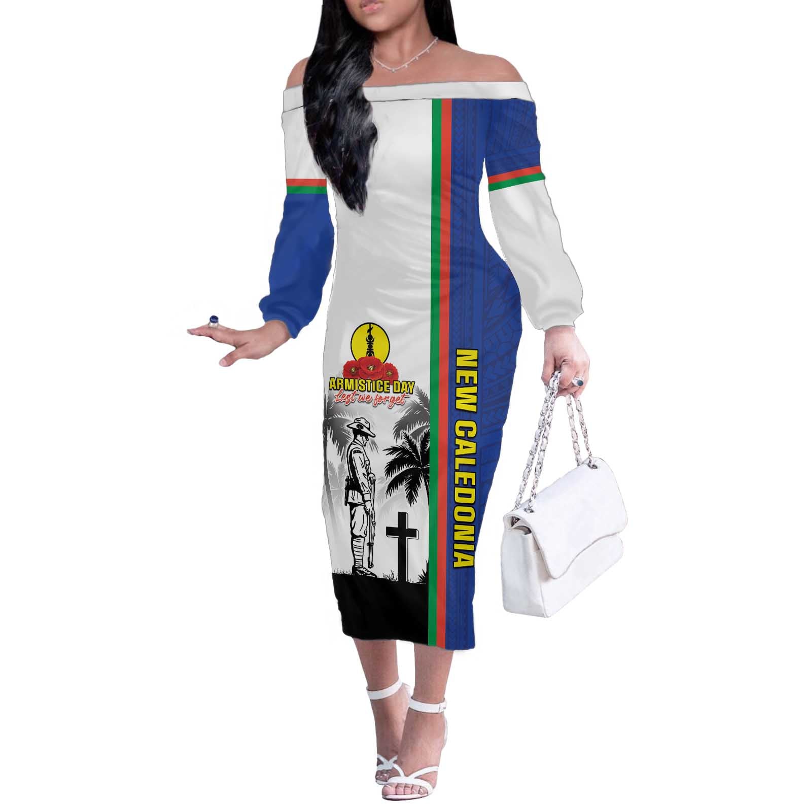 New Caledonia Armistice Day Off The Shoulder Long Sleeve Dress Lest We Forget Flag Style