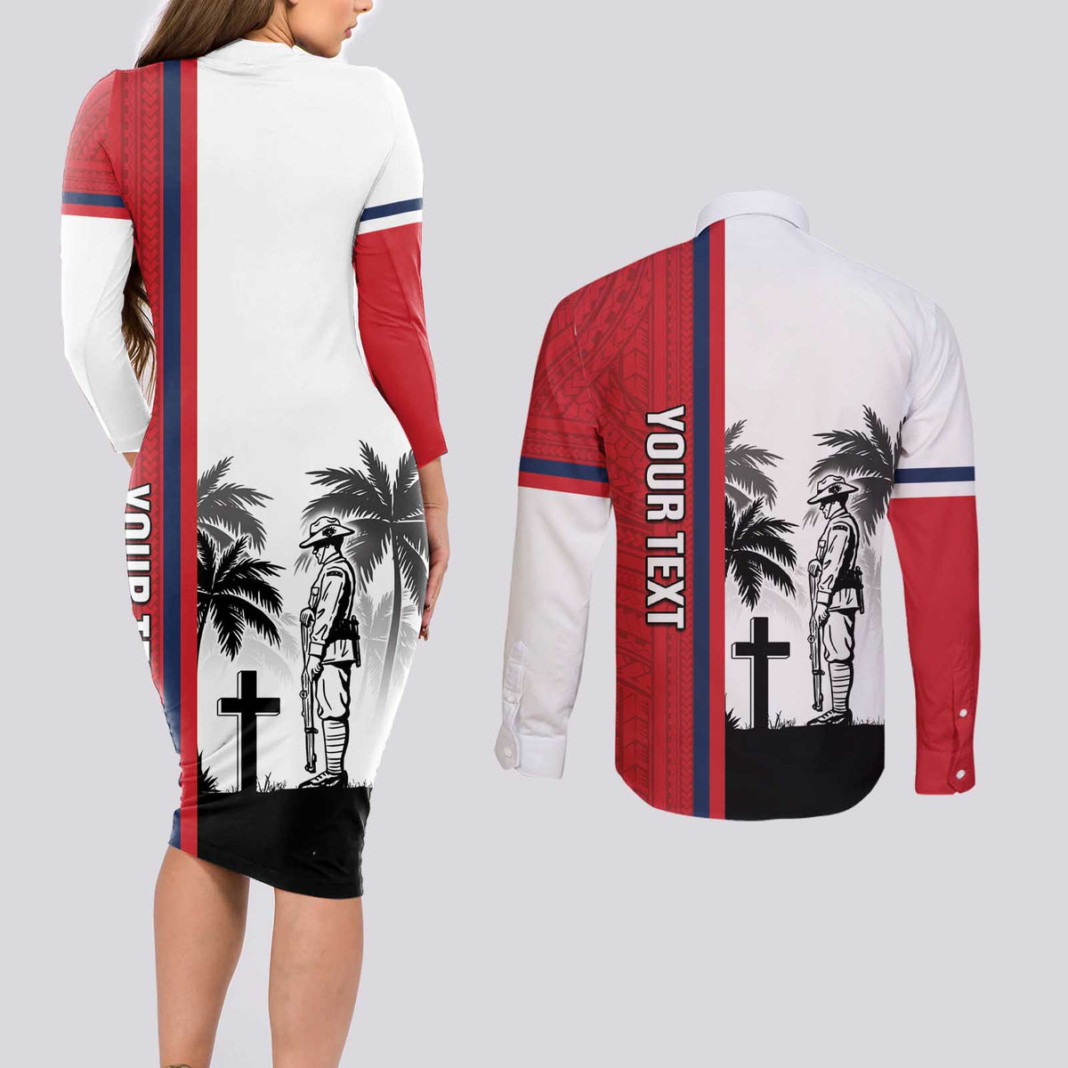 Wallis and Futuna Armistice Day Couples Matching Long Sleeve Bodycon Dress and Long Sleeve Button Shirt Lest We Forget Flag Style