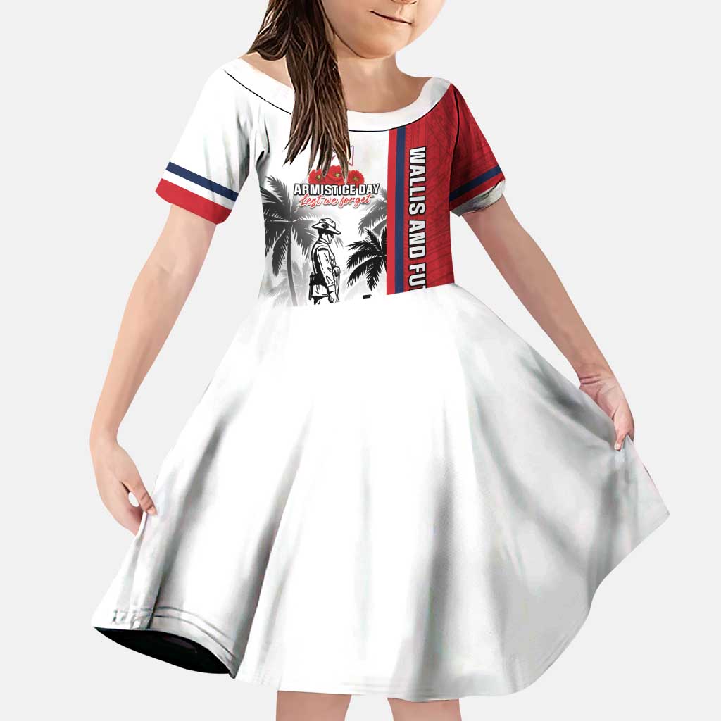Wallis and Futuna Armistice Day Family Matching Puletasi and Hawaiian Shirt Lest We Forget Flag Style LT05 Daughter's Dress White - Polynesian Pride