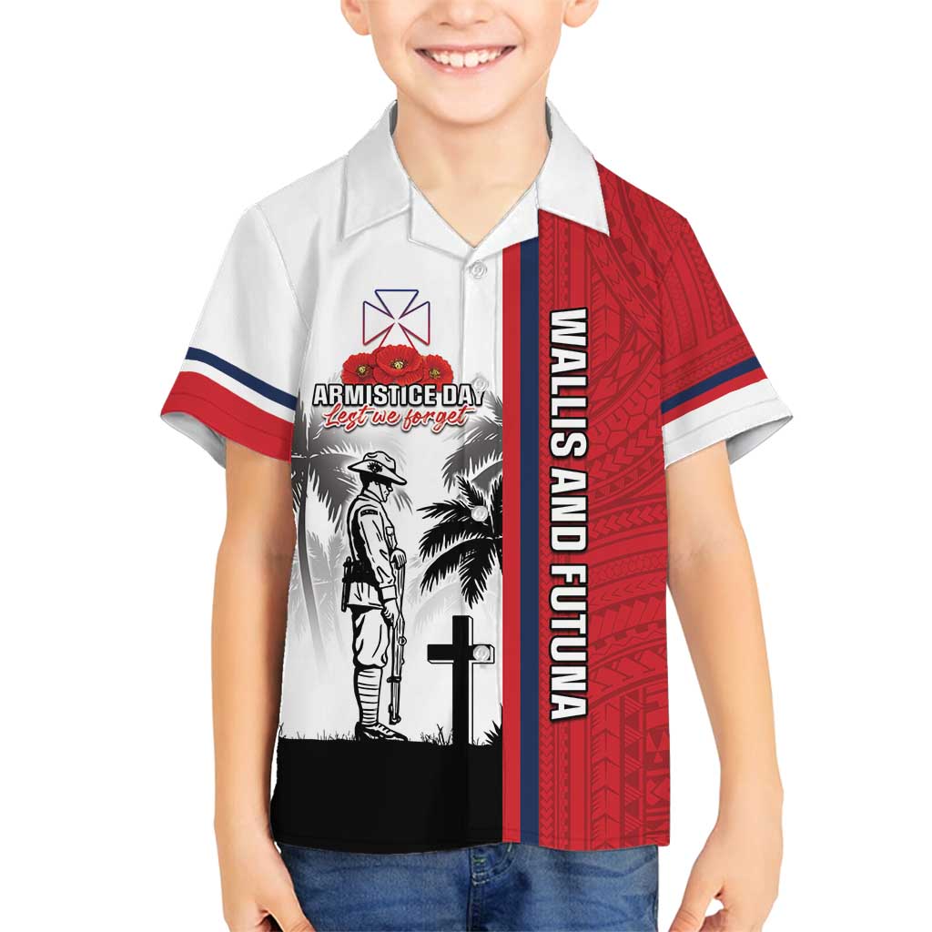 Wallis and Futuna Armistice Day Family Matching Puletasi and Hawaiian Shirt Lest We Forget Flag Style LT05 Son's Shirt White - Polynesian Pride