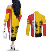 Marquesas Islands Armistice Day Couples Matching Off The Shoulder Long Sleeve Dress and Long Sleeve Button Shirt Lest We Forget Flag Style