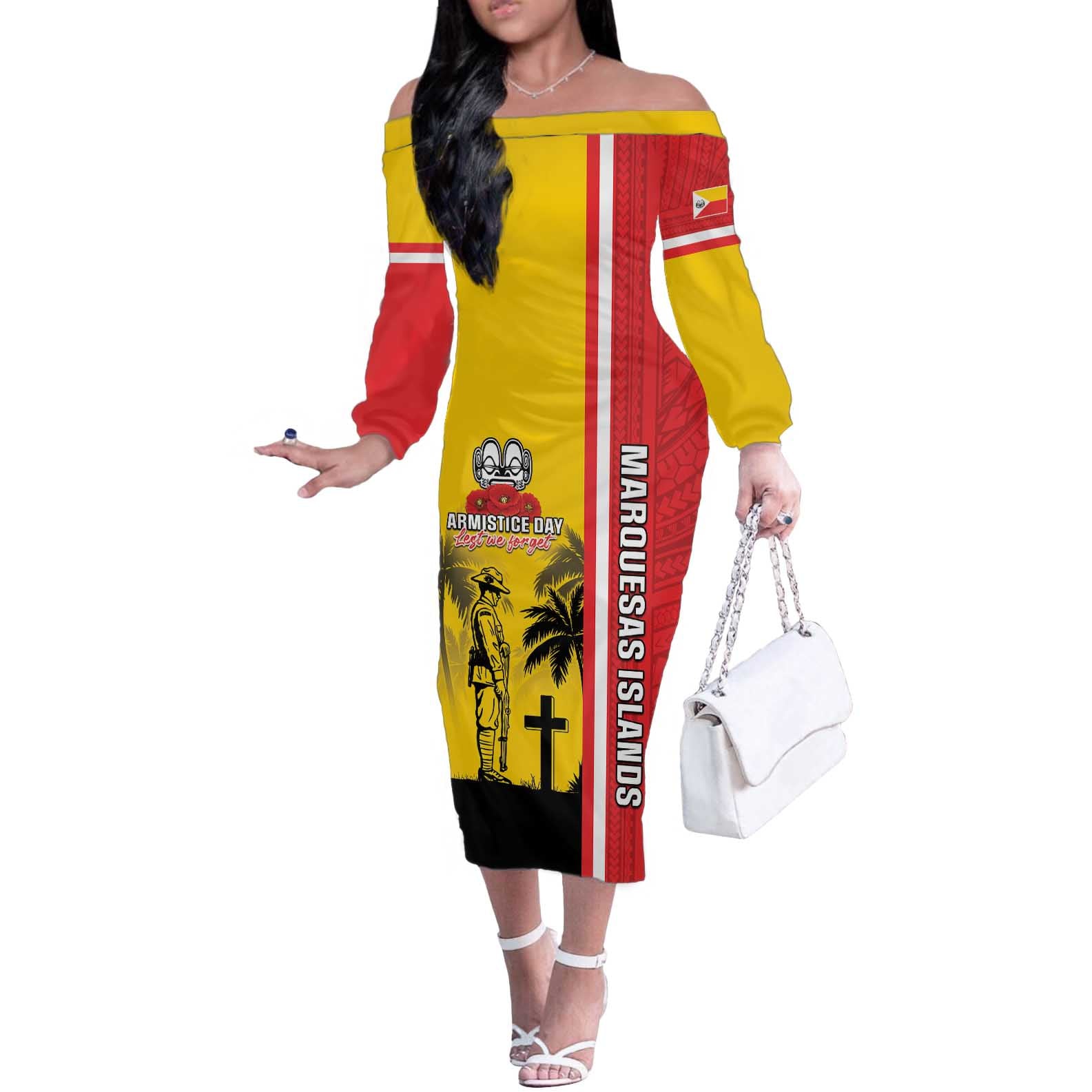 Marquesas Islands Armistice Day Off The Shoulder Long Sleeve Dress Lest We Forget Flag Style